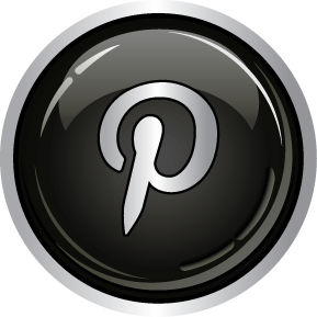 The image displays a glossy black button icon with the white Pinterest 'P' logo in the center.